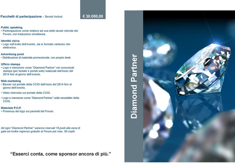 Ufficio stampa Logo e menzione come Diamond Partner nei comunicati stampa (per testate e portali web) realizzati dall inizio del 2014 fino al giorno dell evento.