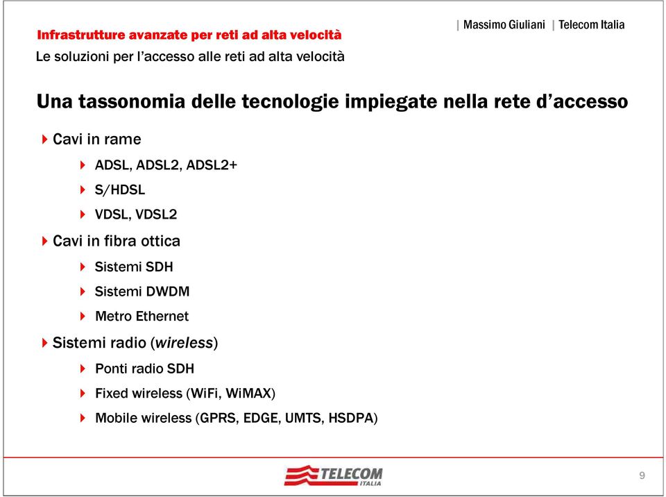 SDH Sistemi DWDM Metro Ethernet Sistemi radio (wireless) Ponti radio SDH