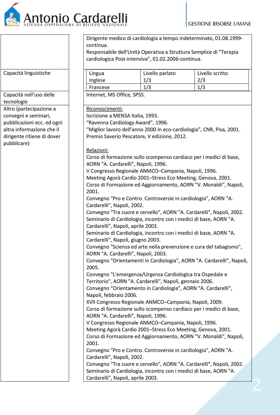 ed ogni altra informazione che il dirigente ritiene di dover pubblicare) Lingua Inglese Livello parlato 1/3 Livello scritto 2/3 Francese 1/3 1/3 Internet, MS Office, SPSS.