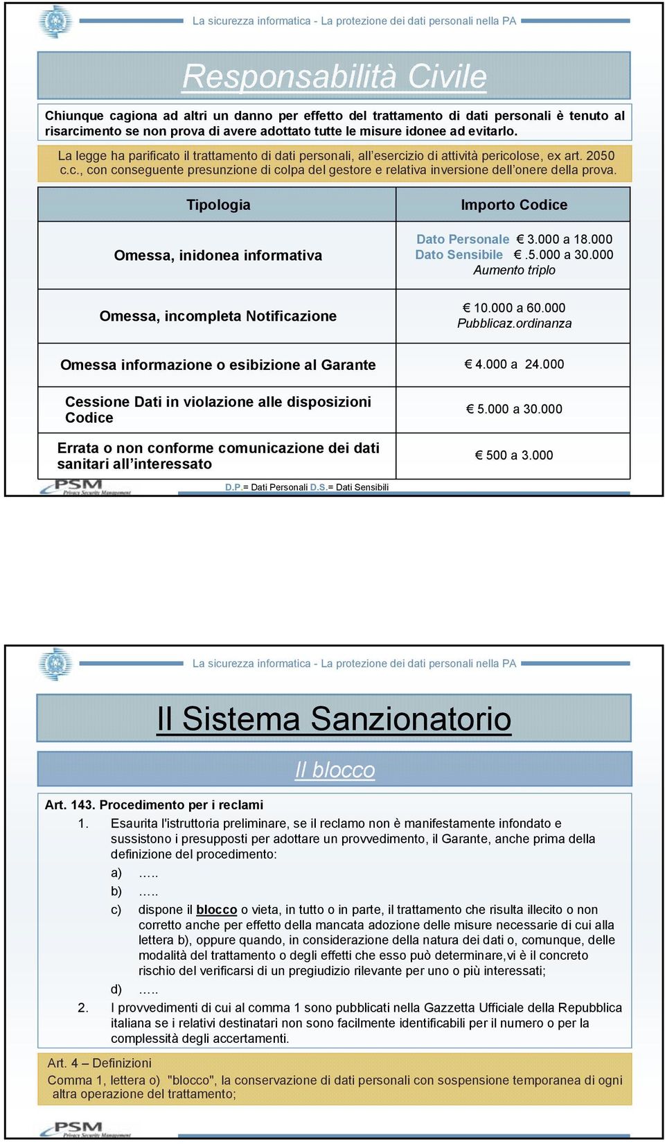 Tipologia Omessa, inidonea informativa Importo Codice Dato Personale 3.000 a 18.000 Dato Sensibile.5.000 a 30.000 Aumento triplo Omessa, incompleta Notificazione 10.000 a 60.000 Pubblicaz.