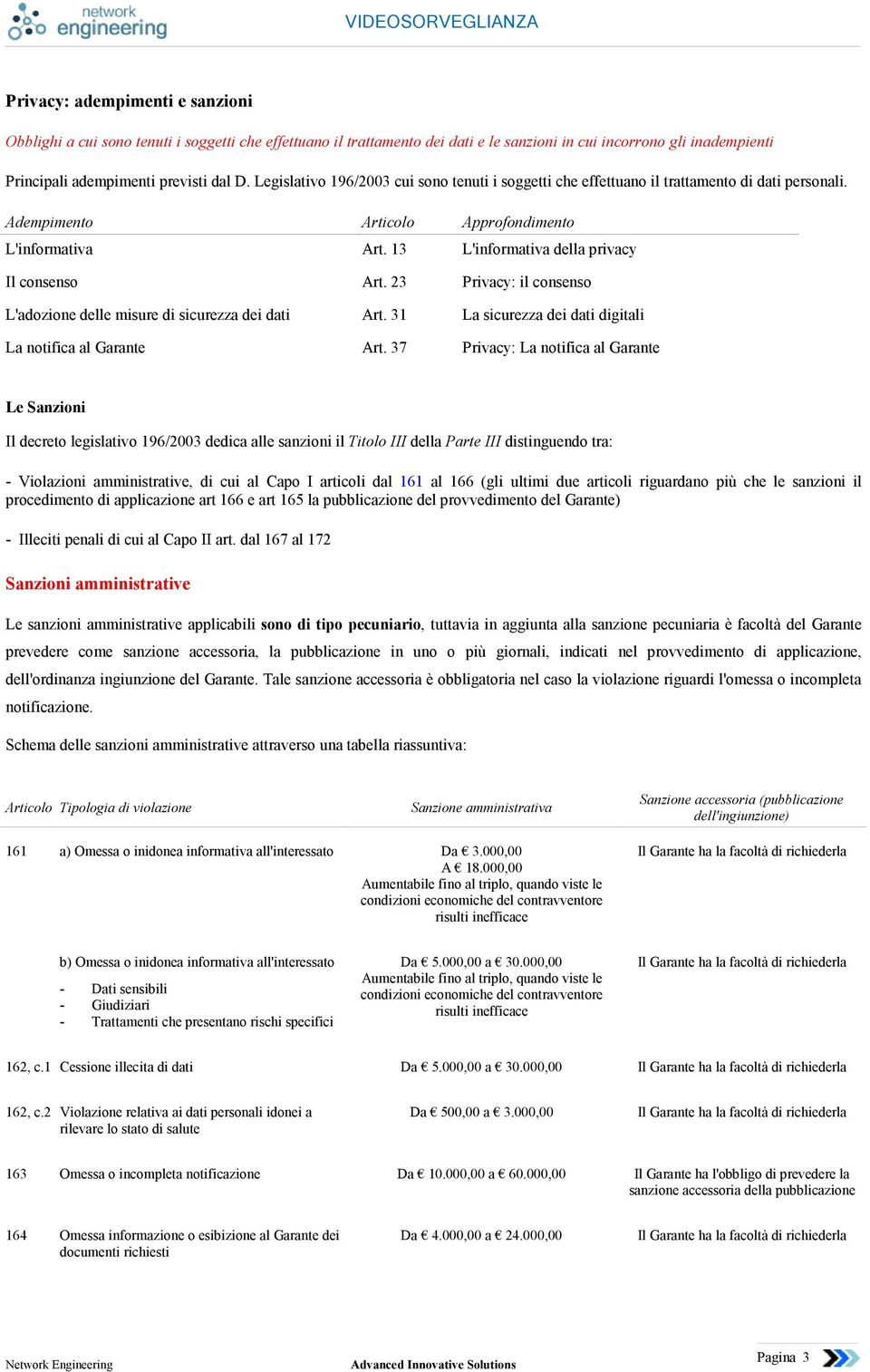 23 Privacy: il consenso L'adozione delle misure di sicurezza dei dati Art. 31 La sicurezza dei dati digitali La notifica al Garante Art.