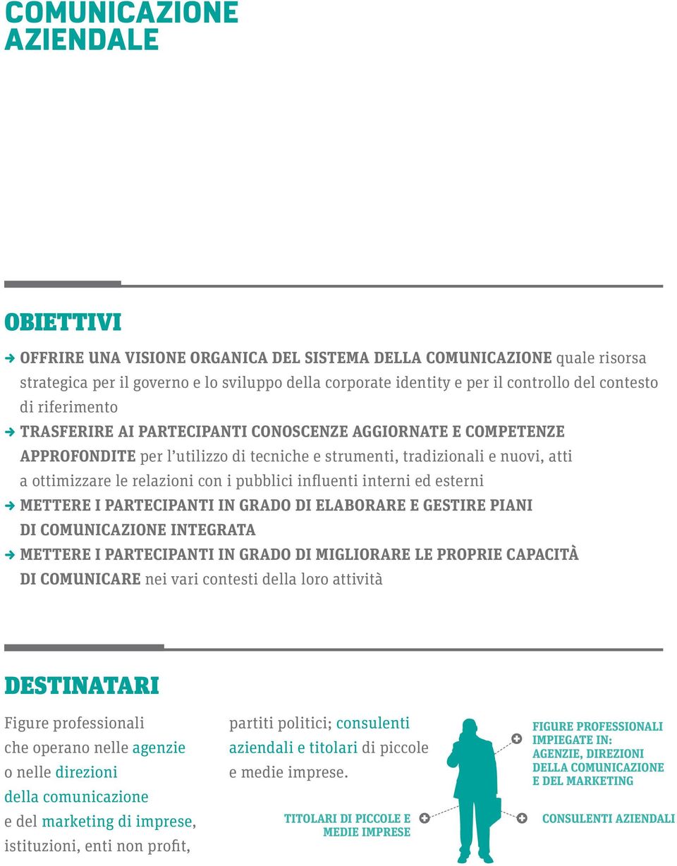 i pubblici influenti interni ed esterni V METTERE I PARTECIPANTI IN GRADO DI ELABORARE E GESTIRE PIANI DI COMUNICAZIONE INTEGRATA V METTERE I PARTECIPANTI IN GRADO DI MIGLIORARE LE PROPRIE CAPACITÀ