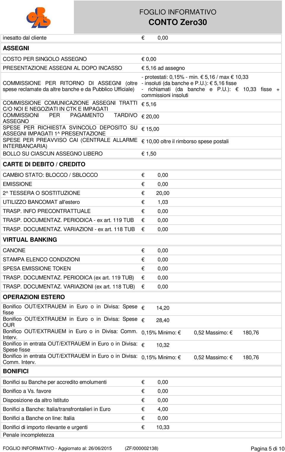 COMMISSIONE COMUNICAZIONE ASSEGNI TRATTI C/O NOI E NEGOZIATI IN CTK E IMPAGATI 5,16 COMMISSIONI PER PAGAMENTO TARDIVO ASSEGNO 20,00 SPESE PER RICHIESTA SVINCOLO DEPOSITO SU ASSEGNI IMPAGATI 1^