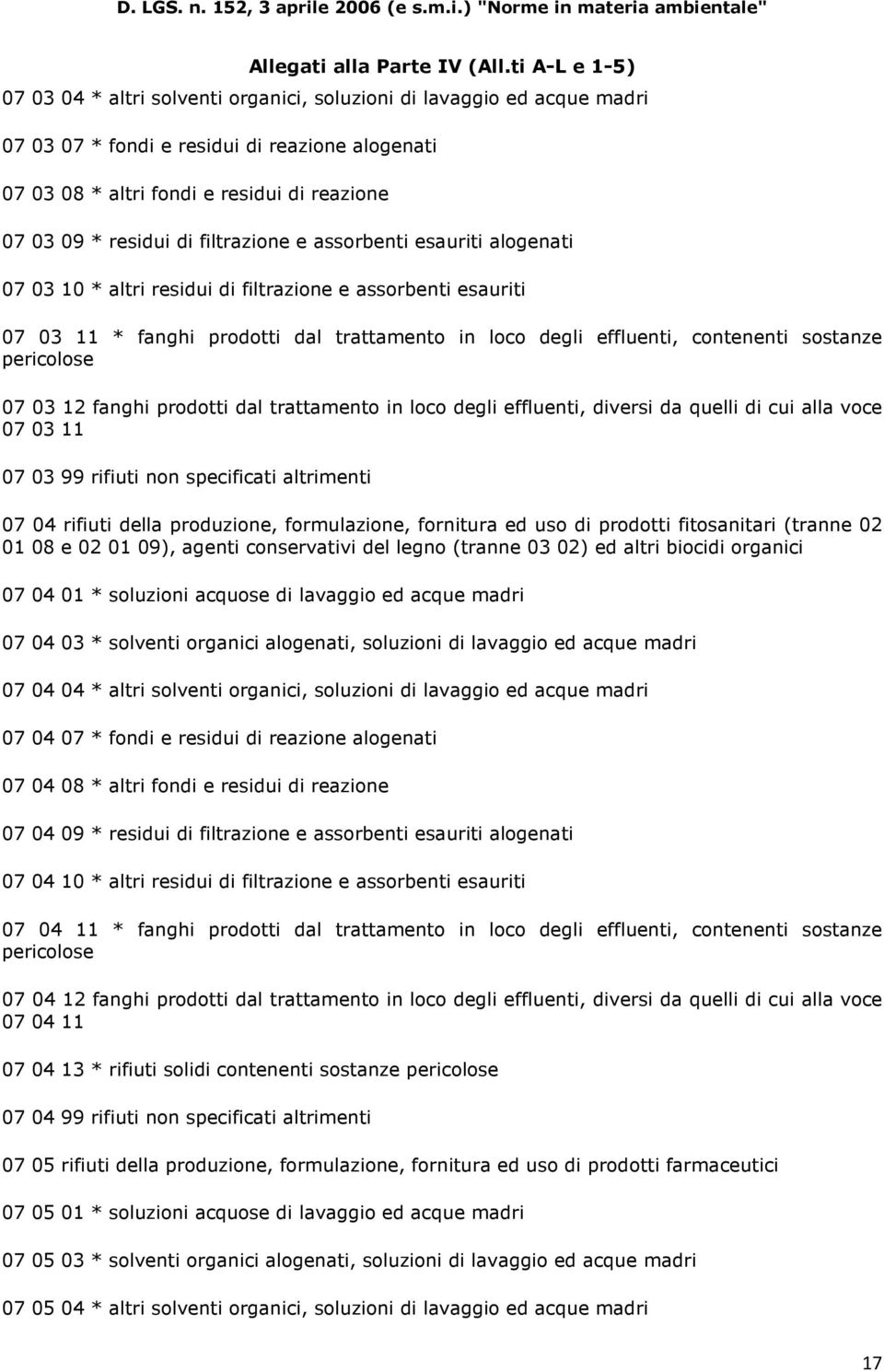 pericolose 07 03 12 fanghi prodotti dal trattamento in loco degli effluenti, diversi da quelli di cui alla voce 07 03 11 07 03 99 rifiuti non specificati altrimenti 07 04 rifiuti della produzione,