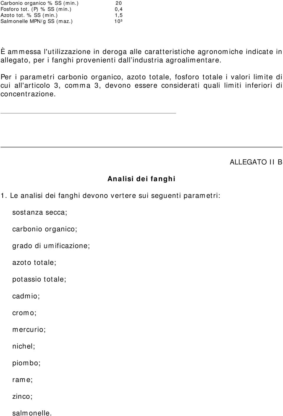 Per i parametri carbonio organico, azoto totale, fosforo totale i valori limite di cui all'articolo 3, comma 3, devono essere considerati quali limiti inferiori di