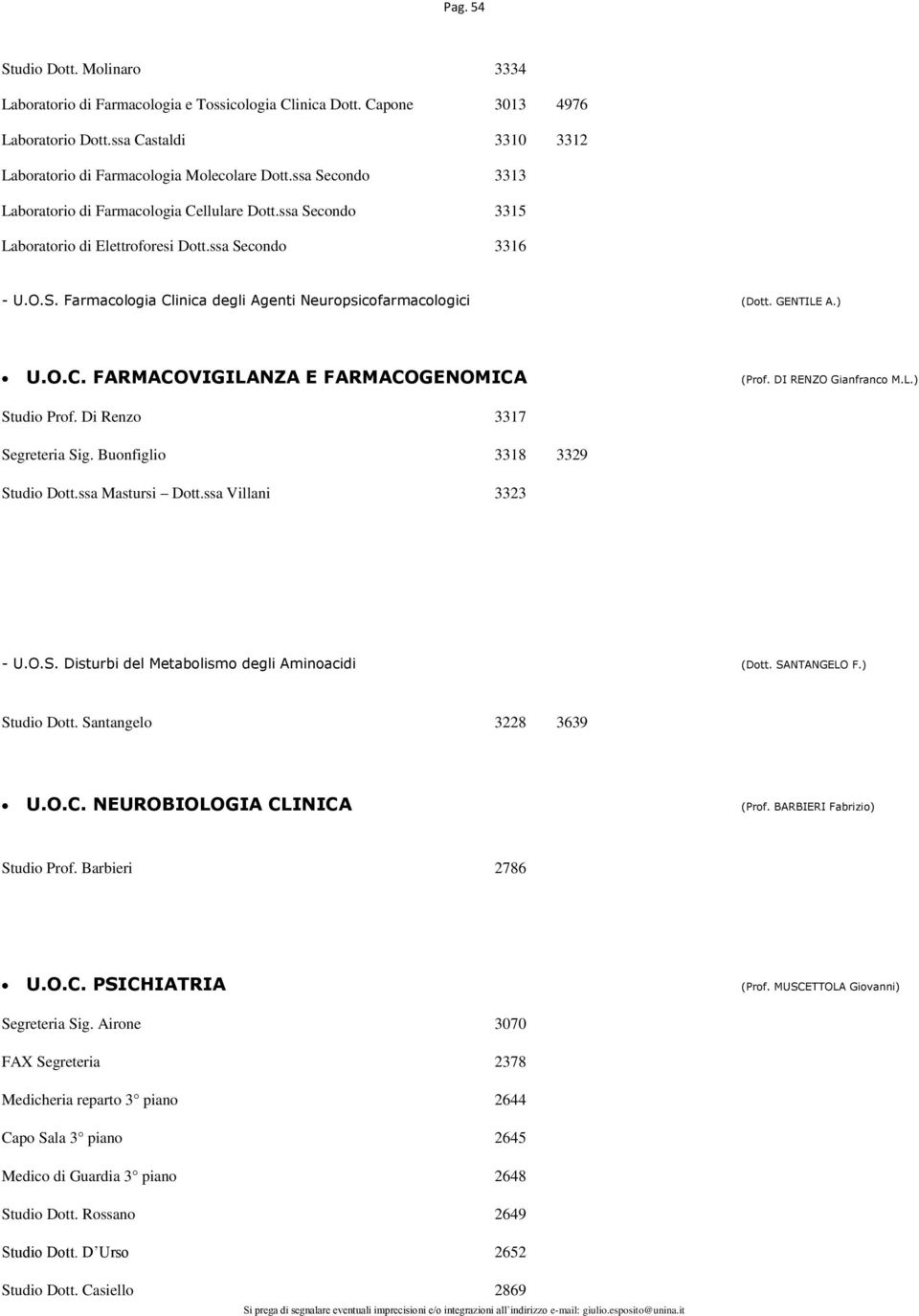 GENTILE A.) U.O.C. FARMACOVIGILANZA E FARMACOGENOMICA (Prof. DI RENZO Gianfranco M.L.) Studio Prof. Di Renzo 3317 Segreteria Sig. Buonfiglio 3318 3329 Studio Dott.ssa Mastursi Dott.