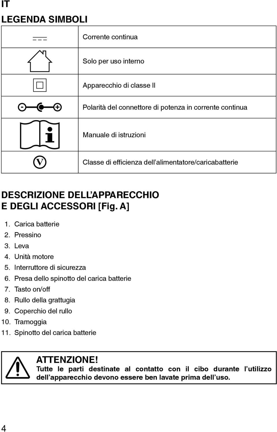 Unità motore 5. Interruttore di sicurezza 6. Presa dello spinotto del carica batterie 7. Tasto on/off 8. Rullo della grattugia 9. Coperchio del rullo 10.