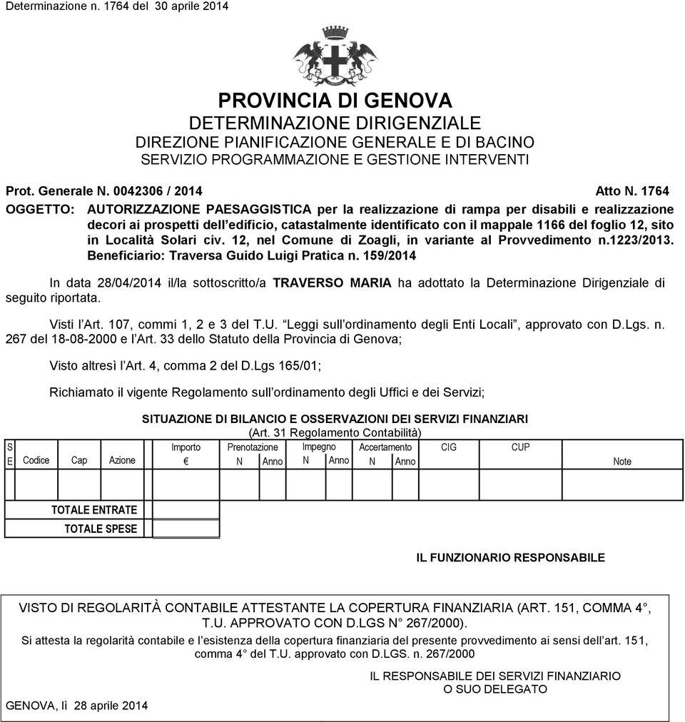 sito in Località Solari civ. 12, nel Comune di Zoagli, in variante al Provvedimento n.1223/2013. Beneficiario: Traversa Guido Luigi Pratica n.