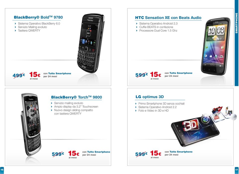 Dual Core 1.5 Ghz smartphone 499 15 599 15 BlackBerry Torch TM 9800 4 Servizio mailing evoluto 4 Ampio display da 3.