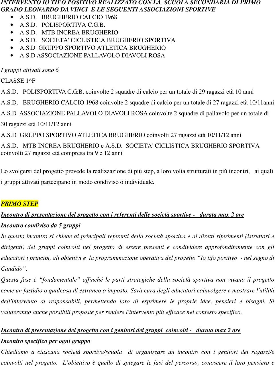 S.D. BRUGHERIO CALCIO 1968 coinvolte 2 squadre di calcio per un totale di 27 ragazzi età 10/11anni A.S.D ASSOCIAZIONE PALLAVOLO DIAVOLI ROSA coinvolte 2 squadre di pallavolo per un totale di 30 ragazzi età 10/11/12 anni A.