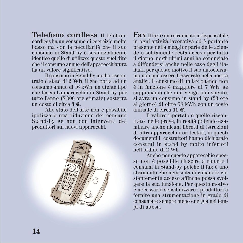 Il consumo in Stand-by medio riscontrato è stato di 2 Wh, il che porta ad un consumo annuo di 16 kwh; un utente tipo che lascia l apparecchio in Stand-by per tutto l anno (8.