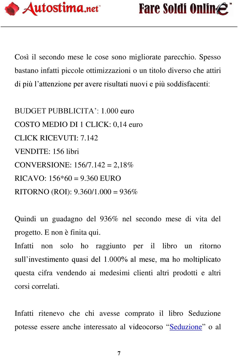 000 euro COSTO MEDIO DI 1 CLICK: 0,14 euro CLICK RICEVUTI: 7.142 VENDITE: 156 libri CONVERSIONE: 156/7.142 = 2,18% RICAVO: 156*60 = 9.360 EURO RITORNO (ROI): 9.360/1.