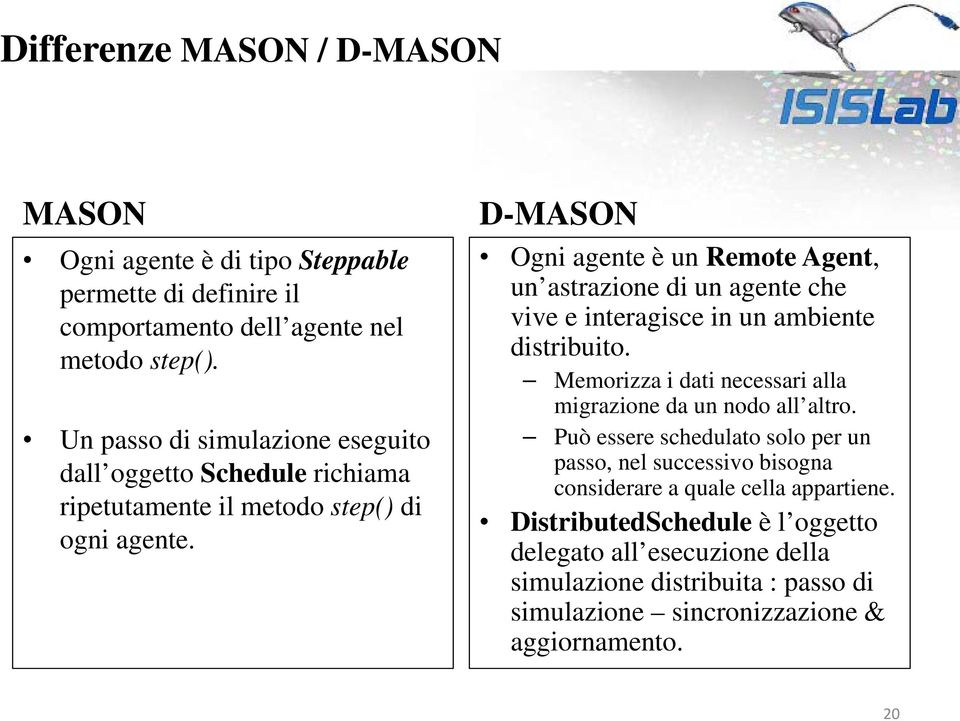 D-MASON Ogni agente è un Remote Agent, un astrazione di un agente che vive e interagisce in un ambiente distribuito.