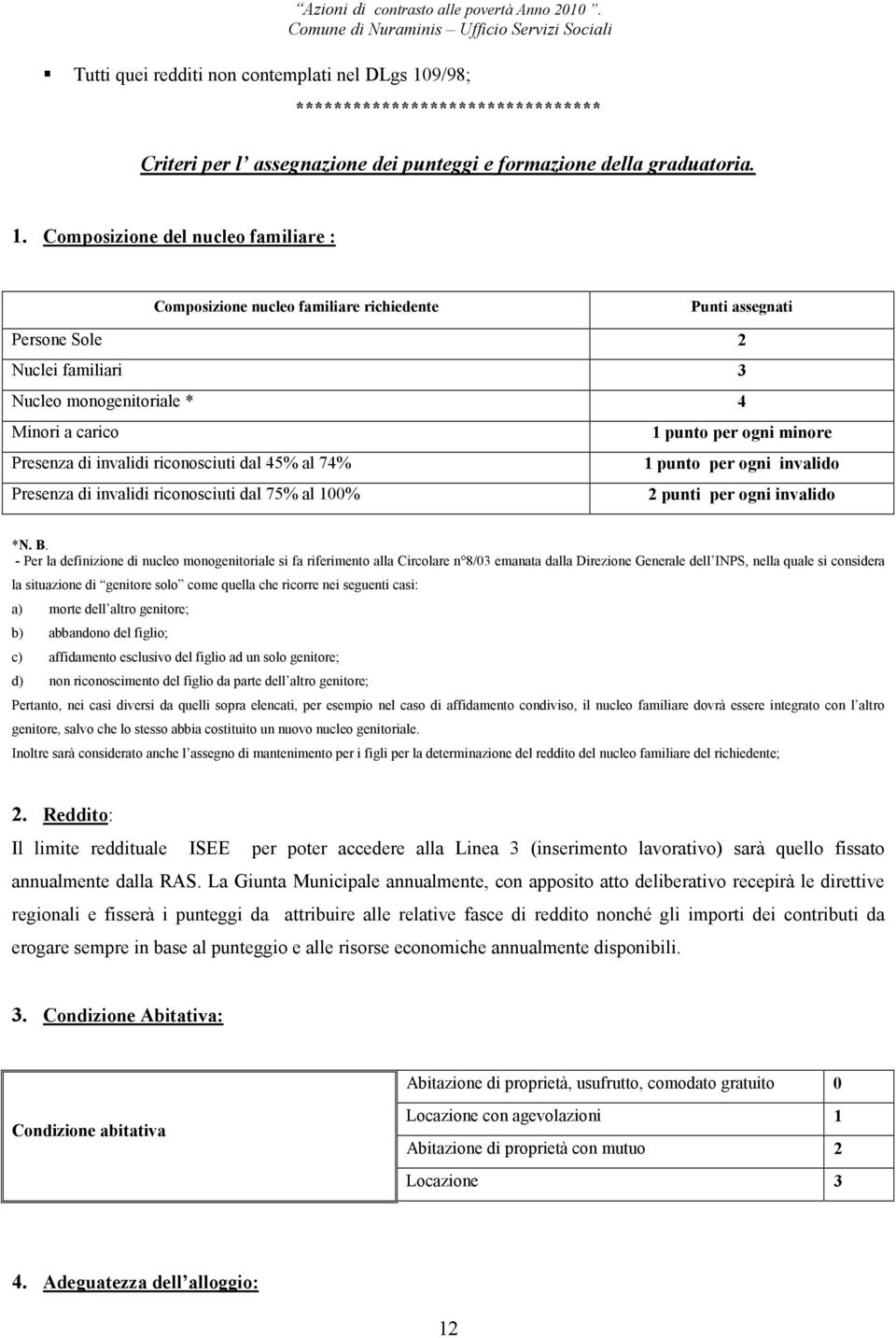 Composizione del nucleo familiare : Composizione nucleo familiare richiedente Persone Sole 2 Nuclei familiari 3 Nucleo monogenitoriale * 4 Minori a carico 1 punto per ogni minore Presenza di invalidi