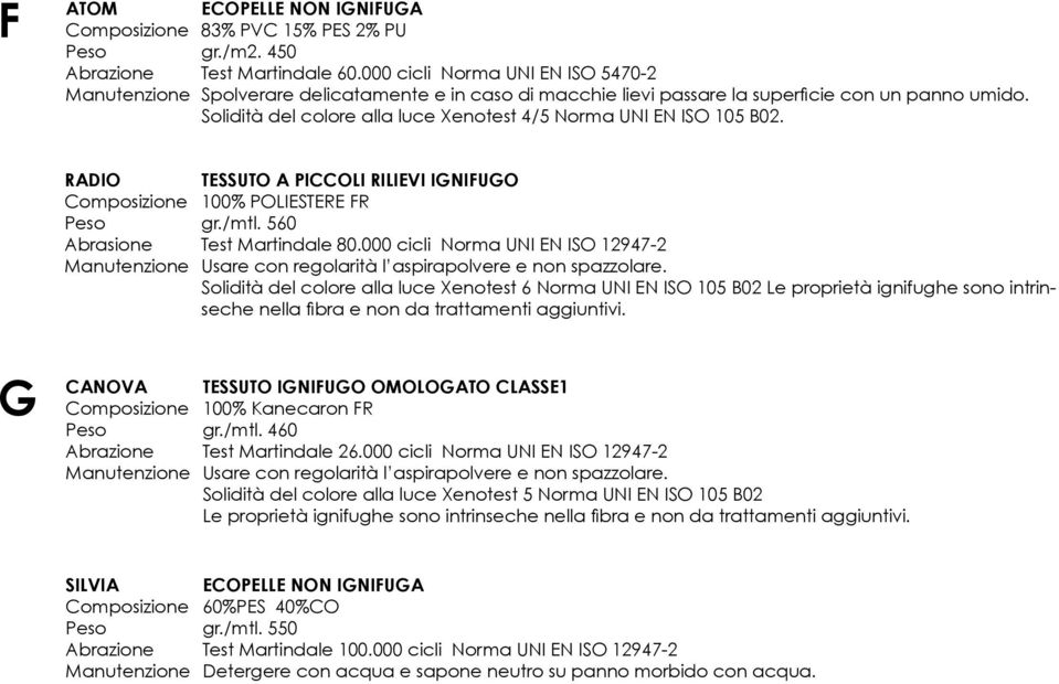 RADIO Abrasione TESSUTO A PICCOLI RILIEVI IGNIFUGO 100% POLIESTERE FR gr./mtl. 560 Test Martindale 80.