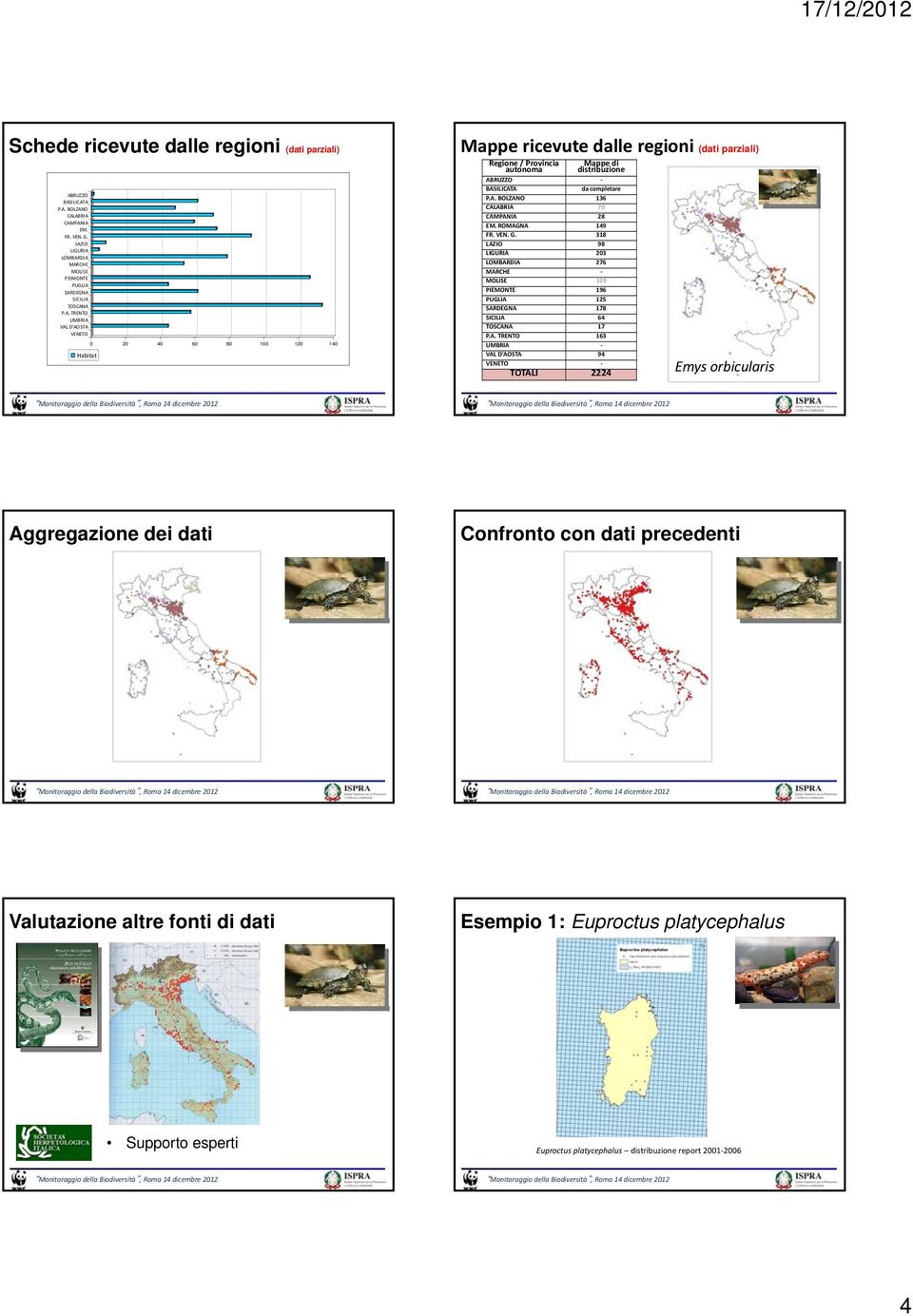 ILICATA P.A. BOLZANO CALABRIA CAMPANIA EM. FR. VEN. G. LAZIO LIGURIA LOMBARDIA MARCHE MOLISE PIEMONTE PUGLIA SARDEGNA SICILIA TOSCANA P.A. TRENTO UMBRIA VAL D'AOSTA VENETO 0 20 40 60 80 100 120 140 Habitat Mappe ricevute dalle regioni (dati parziali) Regione / Provincia Mappe di autonoma distribuzione ABILICATA da completare P.