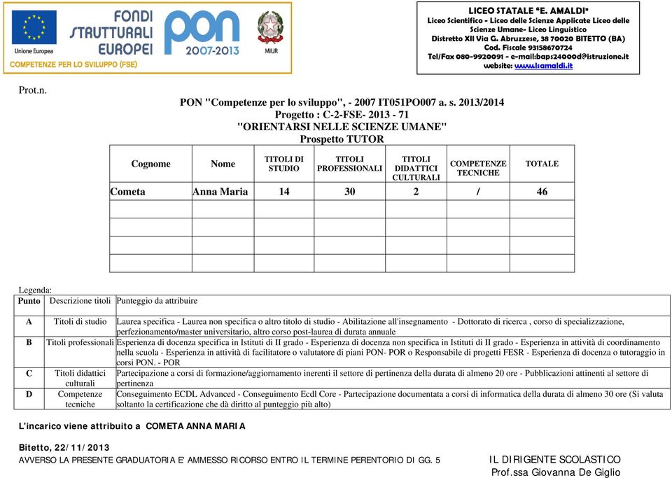 2013/2014 Progetto : -2-FSE- 2013-71 "ORIENTARSI NELLE SIENZE UMANE" I IATTII ometa Anna Maria 14 30 2 / 46 A di studio Laurea specifica - Laurea non specifica o altro titolo di studio - Abilitazione