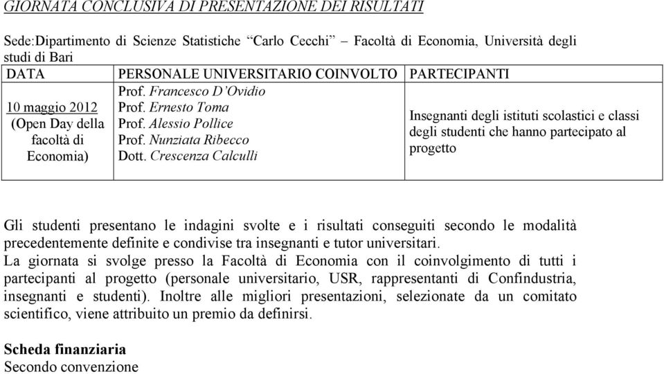 La giornata si svolge presso la Facoltà di Economia con il coinvolgimento di tutti i partecipanti al progetto (personale universitario, USR, rappresentanti di