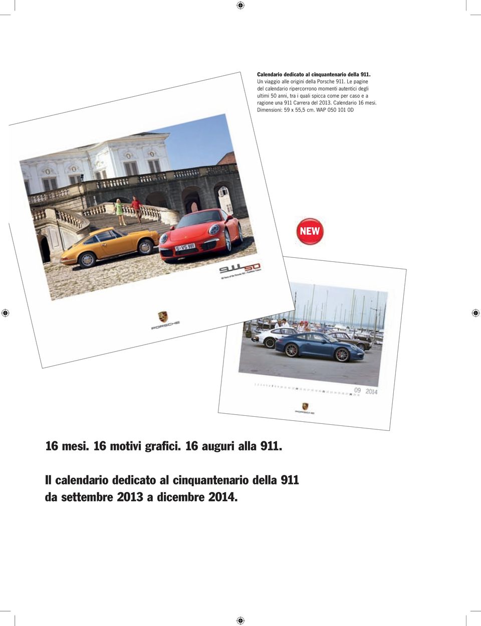 caso e a ragione una 911 Carrera del 2013. Calendario 16 mesi. Dimensioni: 59 x 55,5 cm.