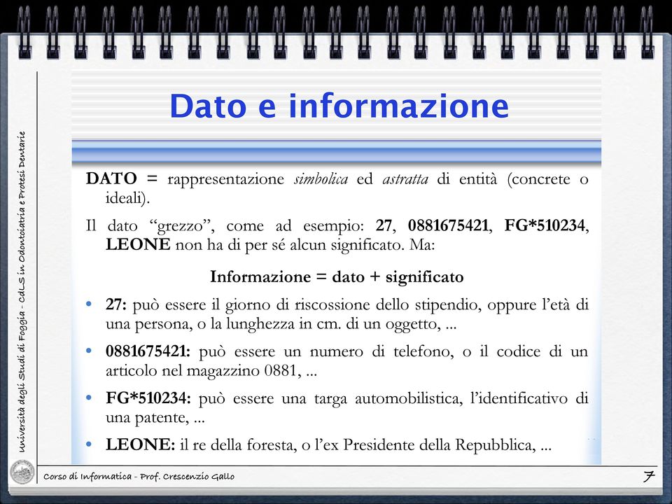 Dato e informazione Il dato grezzo, come ad esempio: 27, 0881675421, FG*510234, LEONE Il dato non grezzo, ha di per come sé alcun ad significato.