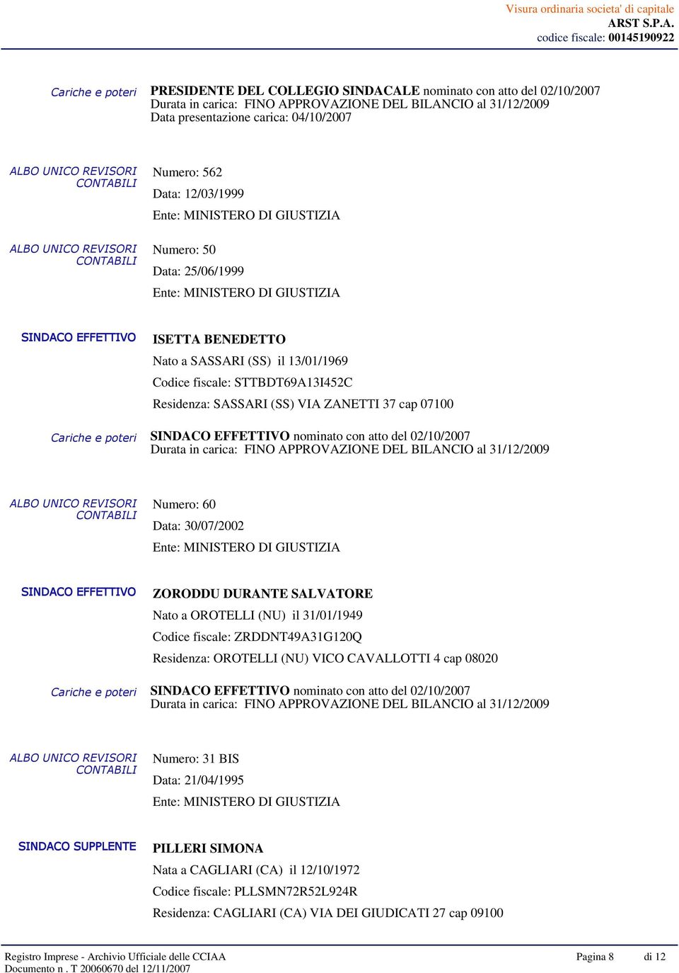 02/10/2007 Numero: 60 Data: 30/07/2002 SINDACO EFFETTIVO ZORODDU DURANTE SALVATORE Nato a OROTELLI (NU) il 31/01/1949 Codice fiscale: ZRDDNT49A31G120Q Residenza: OROTELLI (NU) VICO CAVALLOTTI 4 cap