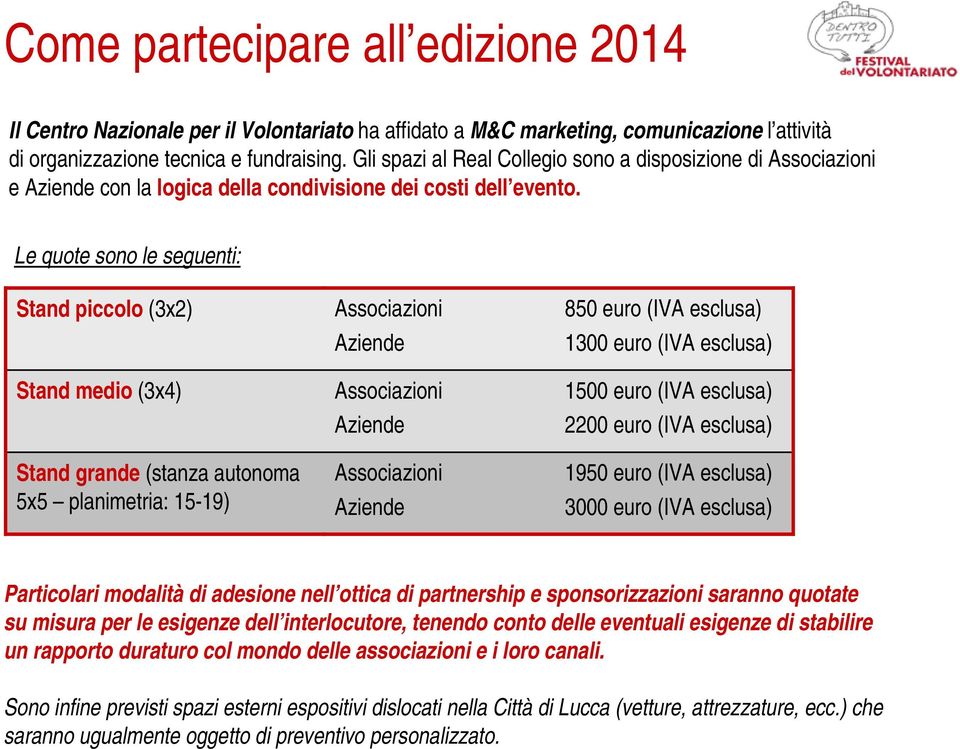 Le quote sono le seguenti: Stand piccolo (3x2) Stand medio (3x4) Stand grande (stanza autonoma 5x5 planimetria: 15-19) Associazioni Aziende Associazioni Aziende Associazioni Aziende 850 euro (IVA