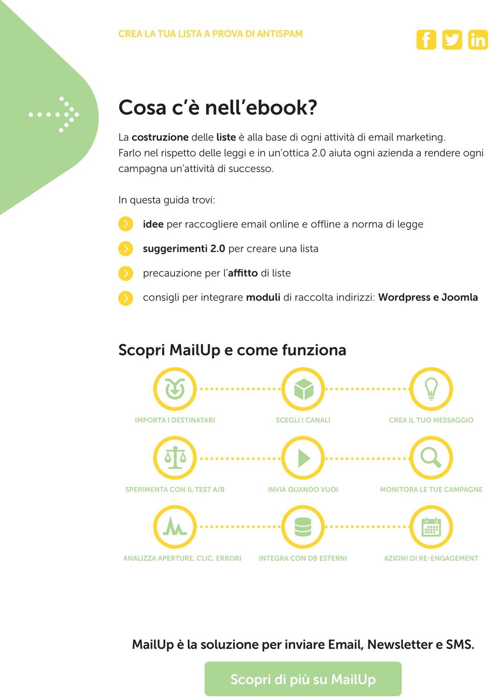 0 per creare una lista precauzione per l affitto di liste consigli per integrare moduli di raccolta indirizzi: Wordpress e Joomla Scopri MailUp e come funziona IMPORTA I DESTINATARI SCEGLI I