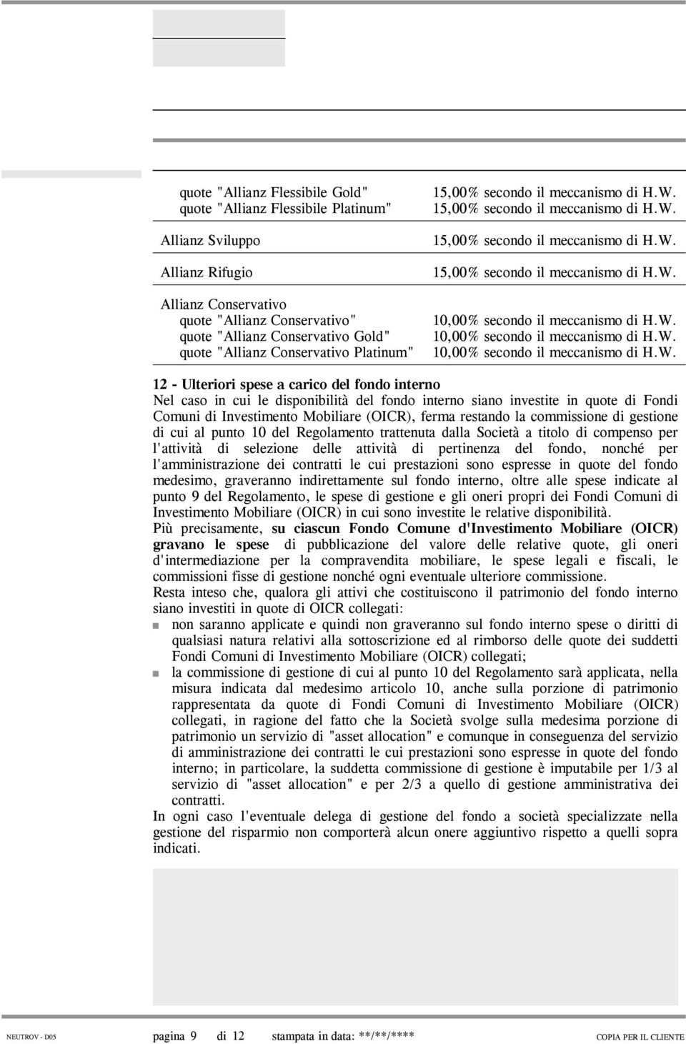 W. 10,00% secondo il meccanismo di H.W. 10,00% secondo il meccanismo di H.W. 12 - Ulteriori spese a carico del fondo interno Nel caso in cui le disponibilità del fondo interno siano investite in