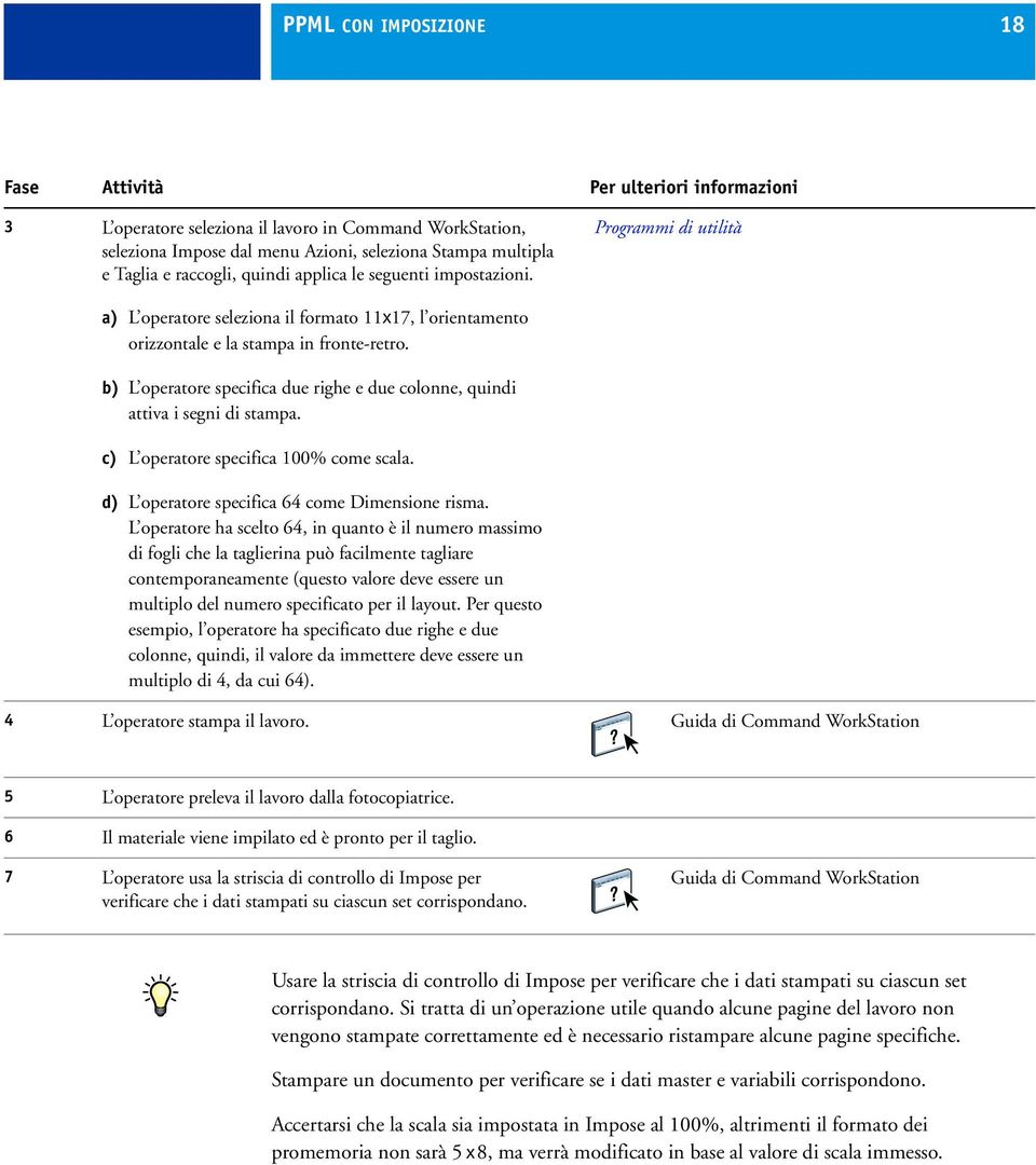 b) L operatore specifica due righe e due colonne, quindi attiva i segni di stampa. c) L operatore specifica 100% come scala. d) L operatore specifica 64 come Dimensione risma.