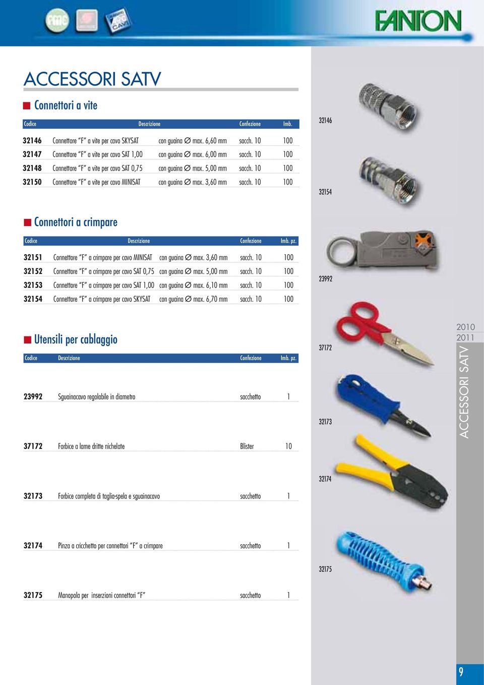 0 00 3250 Connettore F a vite per cavo MINISAT con guaina Ø max. 3,60 mm sacch. 0 00 3246 3254 n Connettori a crimpare Codice Descrizione Confezione Imb. pz.