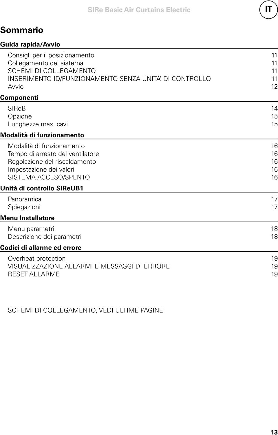 cavi 15 Modalità di funzionamento Modalità di funzionamento 16 Tempo di arresto del ventilatore 16 Regolazione del riscaldamento 16 Impostazione dei valori 16 SISTEMA ACCESO/SPENTO