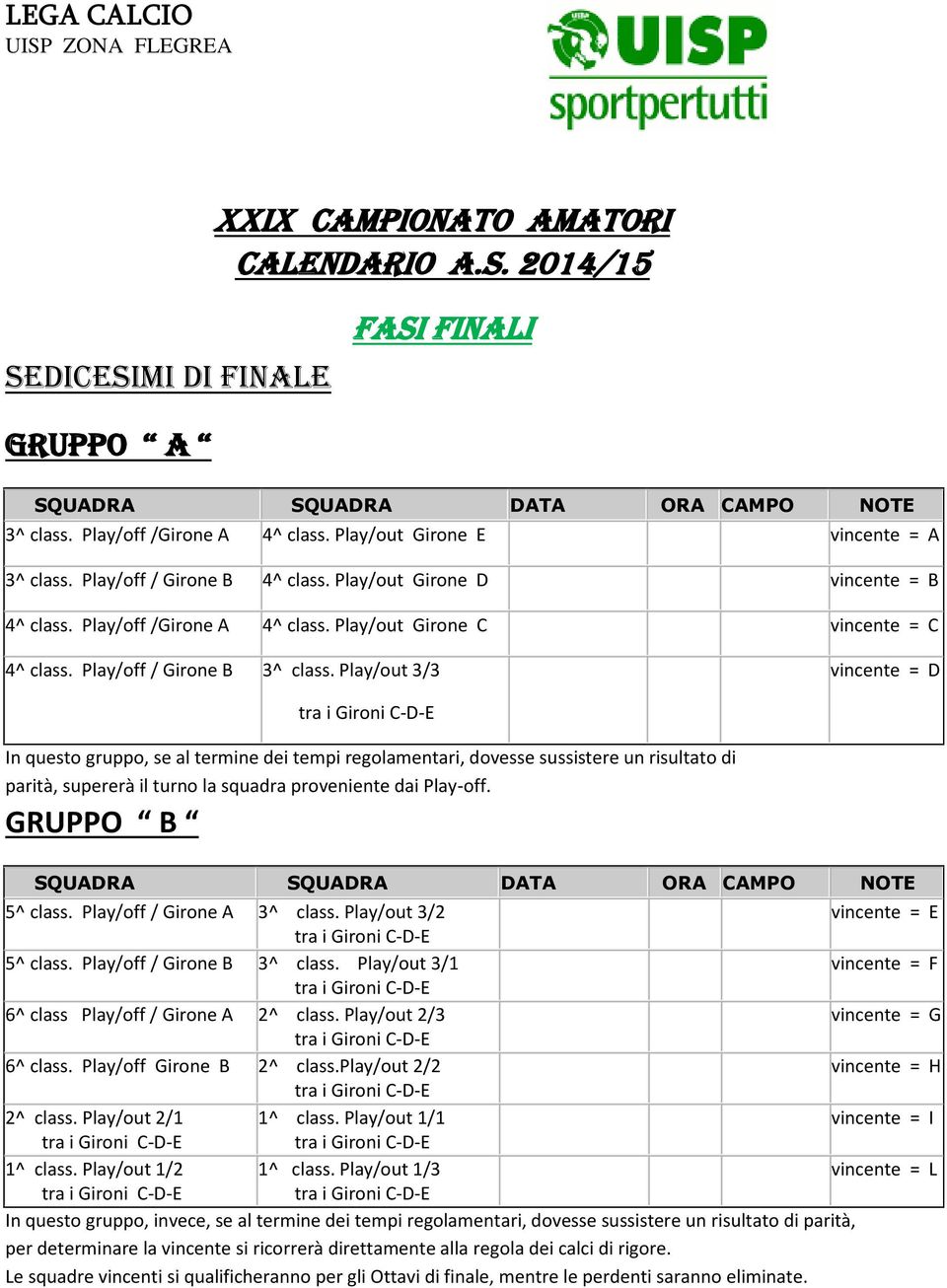 Play/out 3/3 vincente = D In questo gruppo, se al termine dei tempi regolamentari, dovesse sussistere un risultato di parità, supererà il turno la squadra proveniente dai Play-off. GRUPPO B 5^ class.