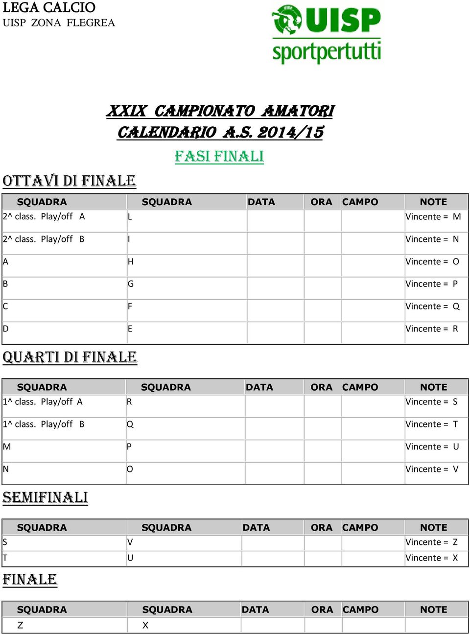 Vincente = R QUARTI DI FINALE 1^ class. Play/off A R Vincente = S 1^ class.