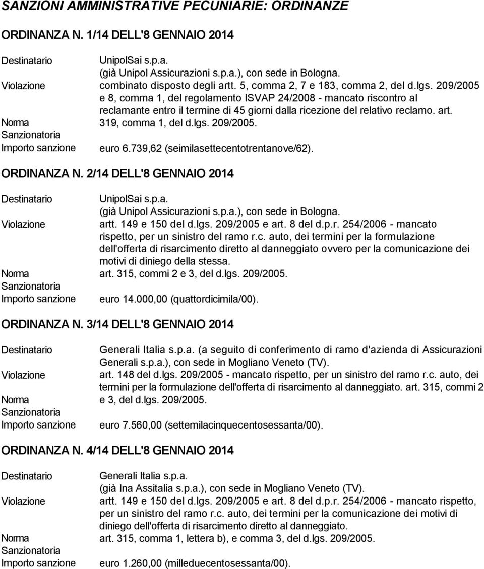 319, comma 1, del d.lgs. 209/2005. euro 6.739,62 (seimilasettecentotrentanove/62). ORDINANZA N. 2/14 DELL'8 GENNAIO 2014 (già Unipol Assicurazioni s.p.a.), con sede in Bologna. artt. 149 e 150 del d.