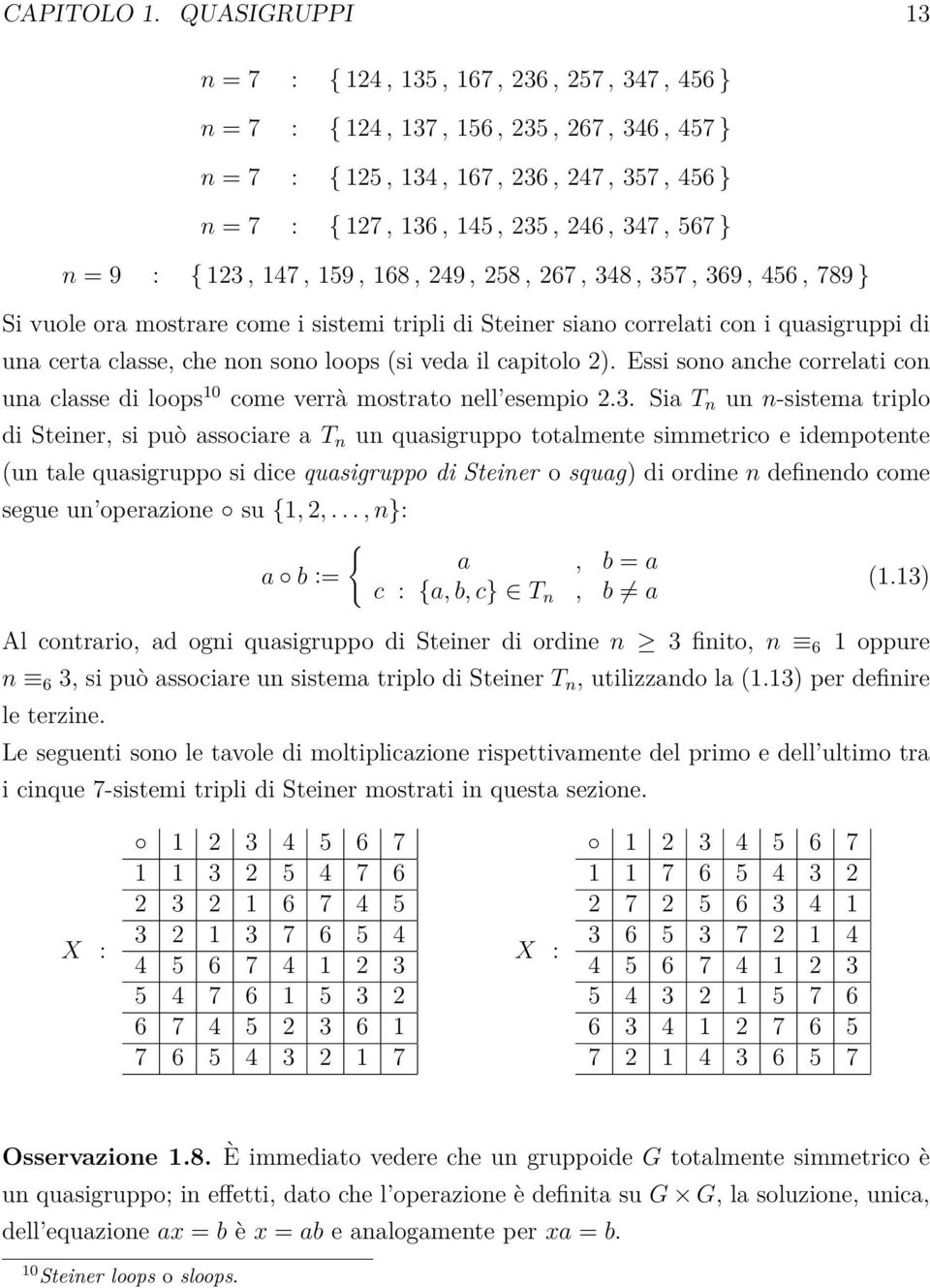 n = 9 : { 123, 147, 159, 168, 249, 258, 267, 348, 357, 369, 456, 789 } Si vuole ora mostrare come i sistemi tripli di Steiner siano correlati con i quasigruppi di una certa classe, che non sono loops