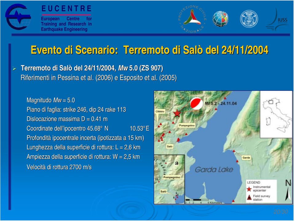 0 Piano di faglia: strike 246, dip 24 rake 113 Dislocazione massima D = 0.41 m Coordinate dell ipocentro 45.68 N 10.