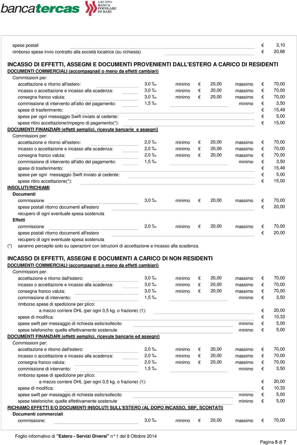 franco valuta: 3,0 minimo 20,00 massimo 70,00 commissione di intervento all'atto del pagamento: 1,5 spese di trasferimento: 15,49 spese per ogni messaggio Swift inviato al cedente: 5,00 spese ritiro