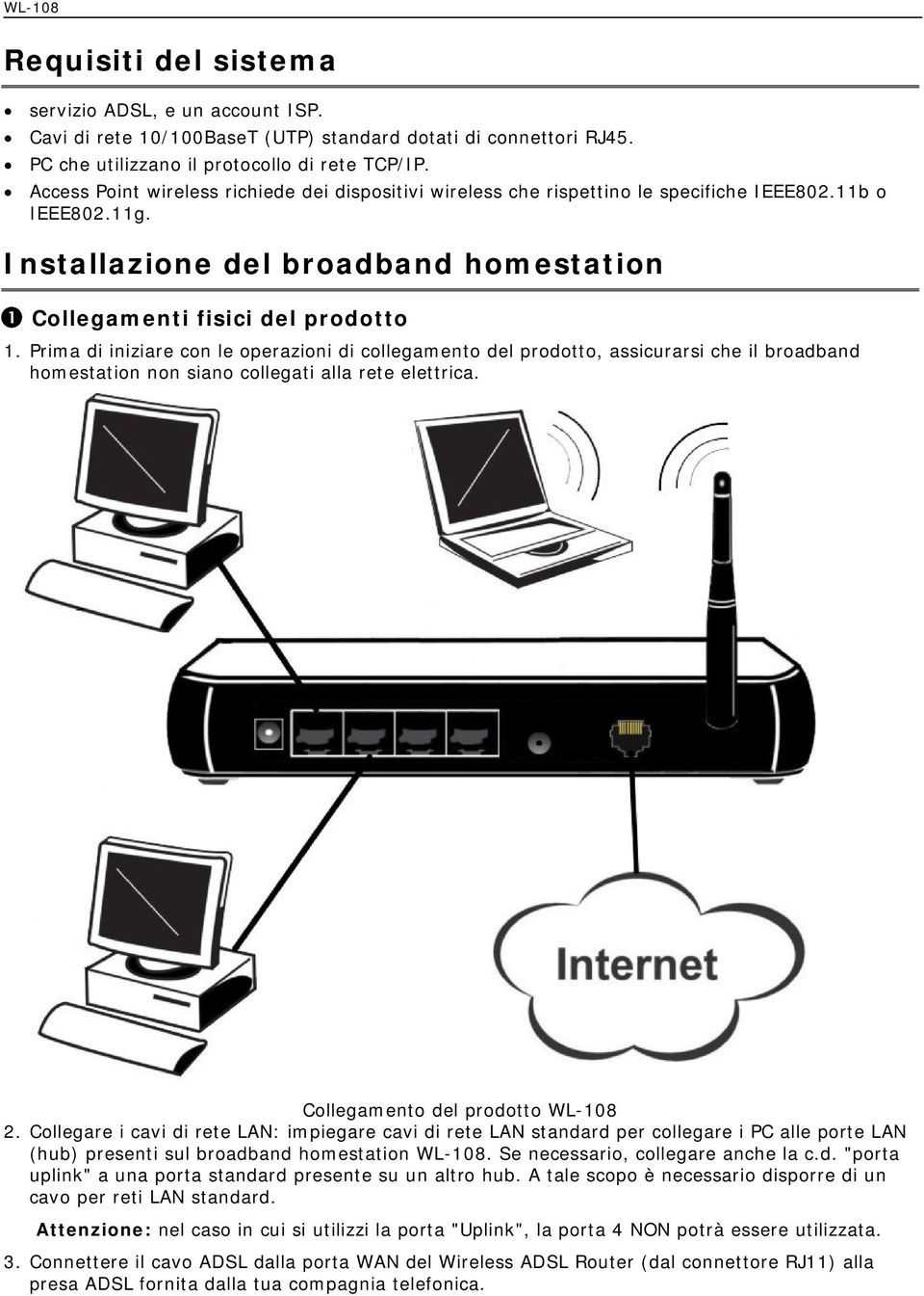Prima di iniziare con le operazioni di collegamento del prodotto, assicurarsi che il broadband homestation non siano collegati alla rete elettrica. Collegamento del prodotto WL-108 2.