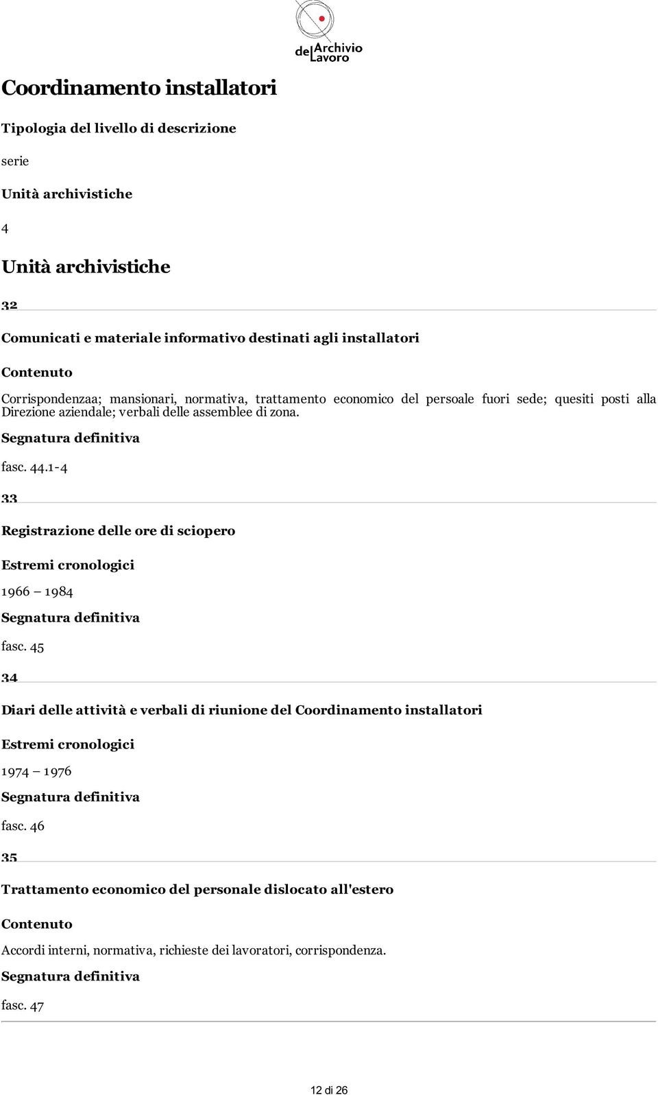 di zona. fasc. 44.1-4 33 Registrazione delle ore di sciopero 1966 1984 fasc.