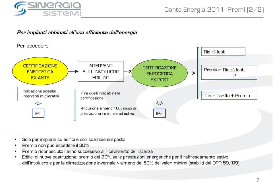 2 Indicazione possibili interventi migliorativi Tra quelli indicati nella certificazione Tfin = Tariffa + Premio IP1 Riduzione almeno 10% indici di prestazione invernale ed estivo IP2 Solo per