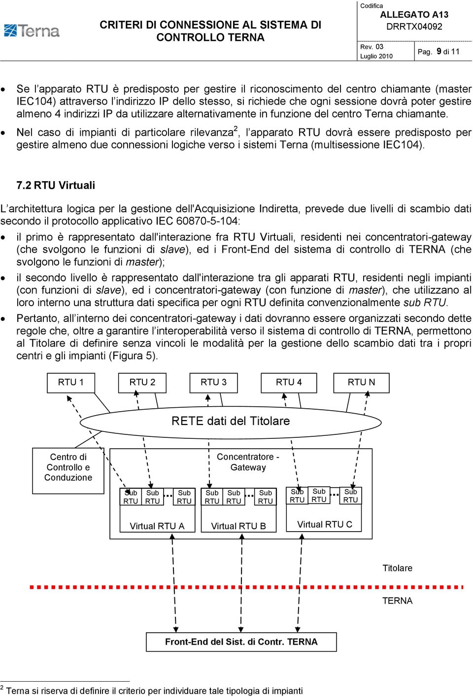 Nel caso di impianti di particolare rilevanza 2, l apparato dovrà essere predisposto per gestire almeno due connessioni logiche verso i sistemi Terna (multisessione IEC104). 7.