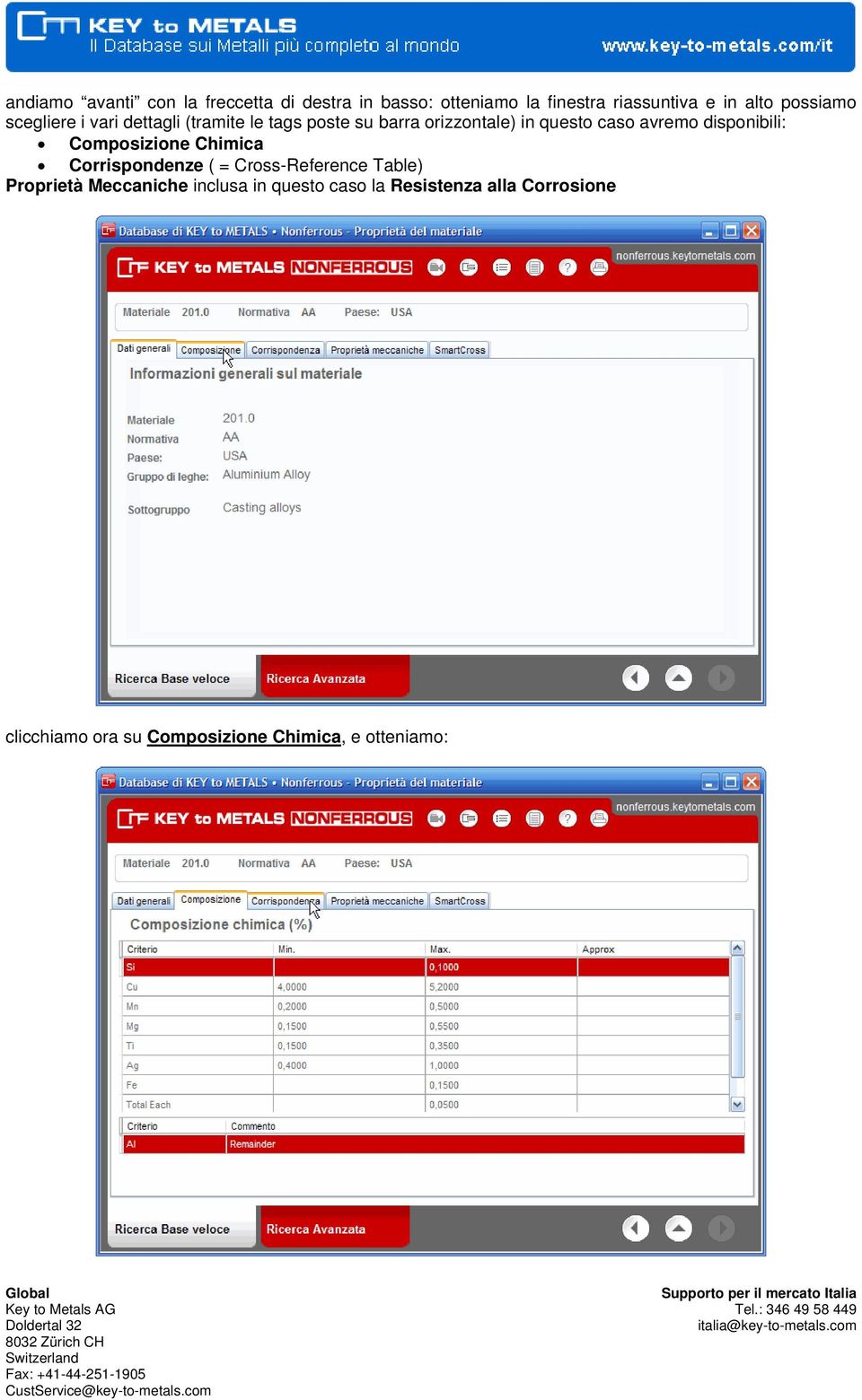 avremo disponibili: Composizione Chimica Corrispondenze ( = Cross-Reference Table) Proprietà