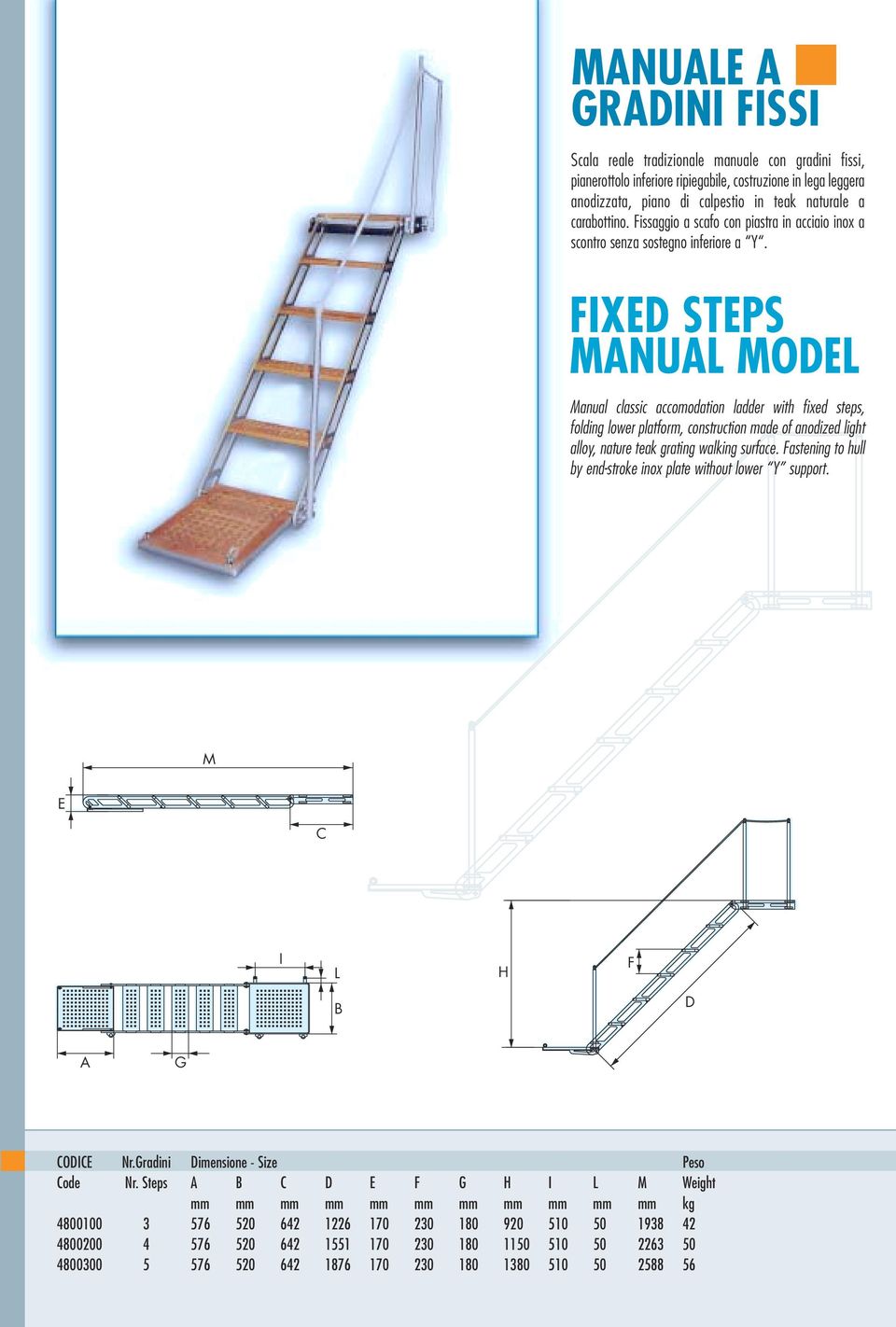 IXD STPS MANUAL MODL Manual classic accomodation ladder with fixed steps, folding lower platform, construction made of anodized light alloy, nature teak grating walking surface.