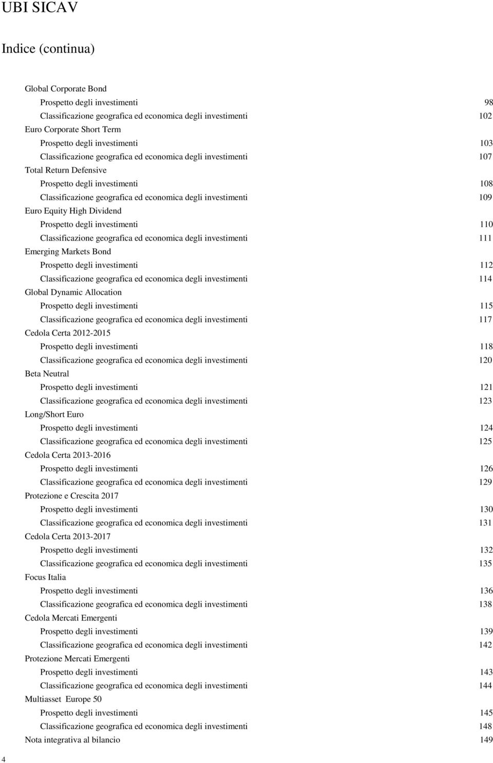 Dividend Prospetto degli investimenti 110 Classificazione geografica ed economica degli investimenti 111 Emerging Markets Bond Prospetto degli investimenti 112 Classificazione geografica ed economica