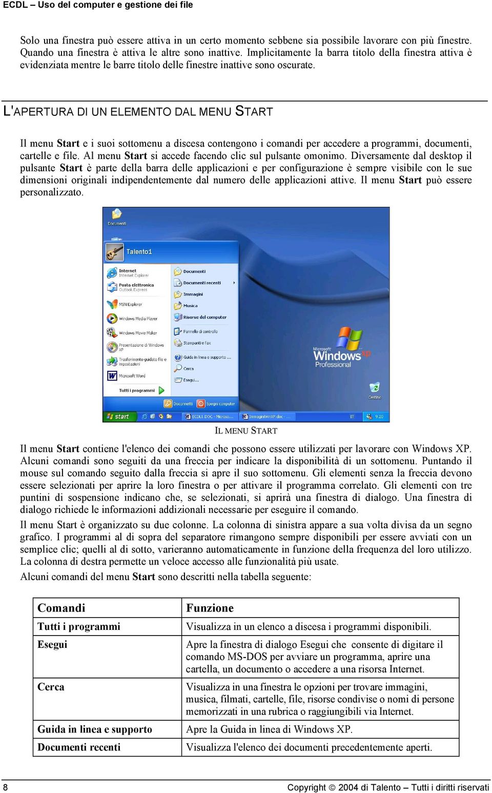 L'APERTURA DI UN ELEMENTO DAL MENU START Il menu Start e i suoi sottomenu a discesa contengono i comandi per accedere a programmi, documenti, cartelle e file.