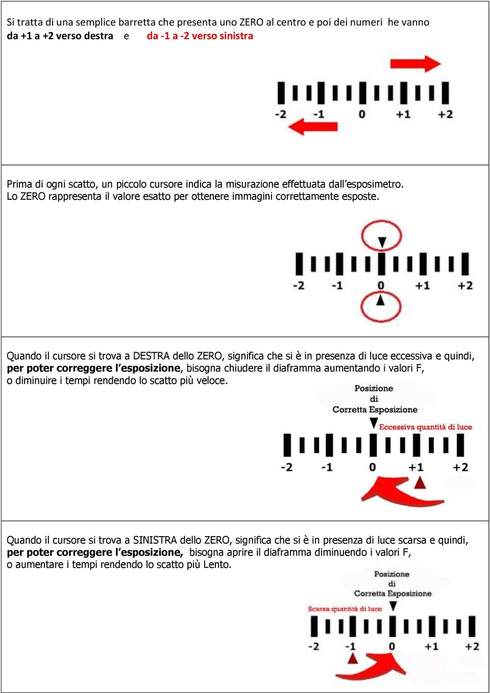 Quando il cursore si trova a DESTRA dello ZERO, significa che si è in presenza di luce eccessiva e quindi, per poter correggere l esposizione, bisogna chiudere il diaframma aumentando i valori F, o