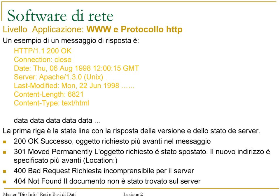 .. Content-Length: 6821 Content-Type: text/html data data data data data... La prima riga è la state line con la risposta della versione e dello stato de server.