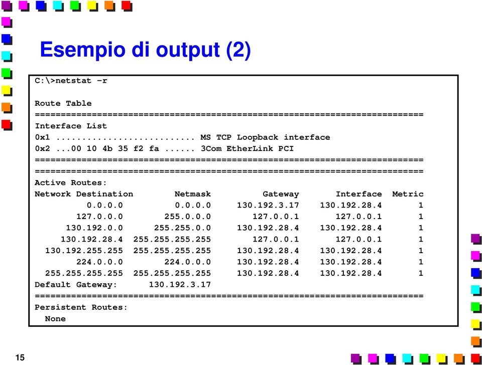 Destination Netmask Gateway Interface Metric 0.0.0.0 0.0.0.0 130.192.3.17 130.192.28.4 1 127.0.0.0 255.0.0.0 127.0.0.1 127.0.0.1 1 130.192.0.0 255.255.0.0 130.192.28.4 130.192.28.4 1 130.192.28.4 255.