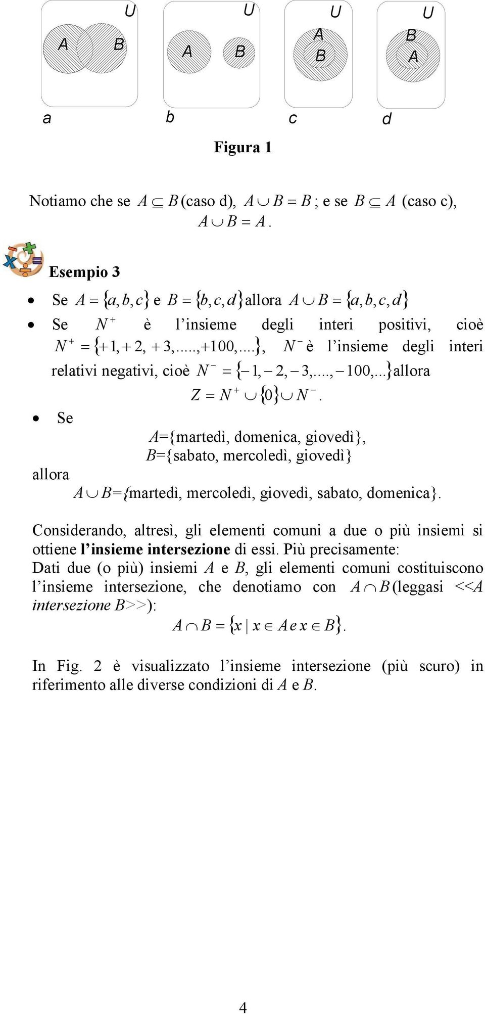 B={sabato, mercoledì, giovedì} allora A B={martedì, mercoledì, giovedì, sabato, domenica} Considerando, altresì, gli elementi comuni a due o più insiemi si ottiene l insieme intersezione di essi Più