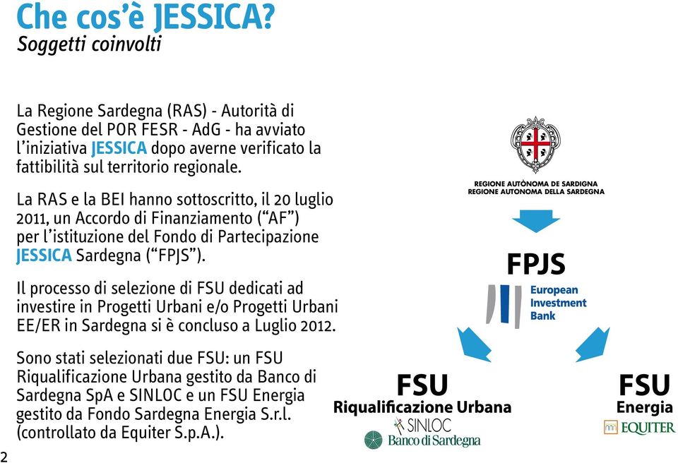 La RAS e la BEI hanno sottoscritto, il 20 luglio 2011, un Accordo di Finanziamento ( AF ) per l istituzione del Fondo di Partecipazione JESSICA Sardegna ( FPJS ).